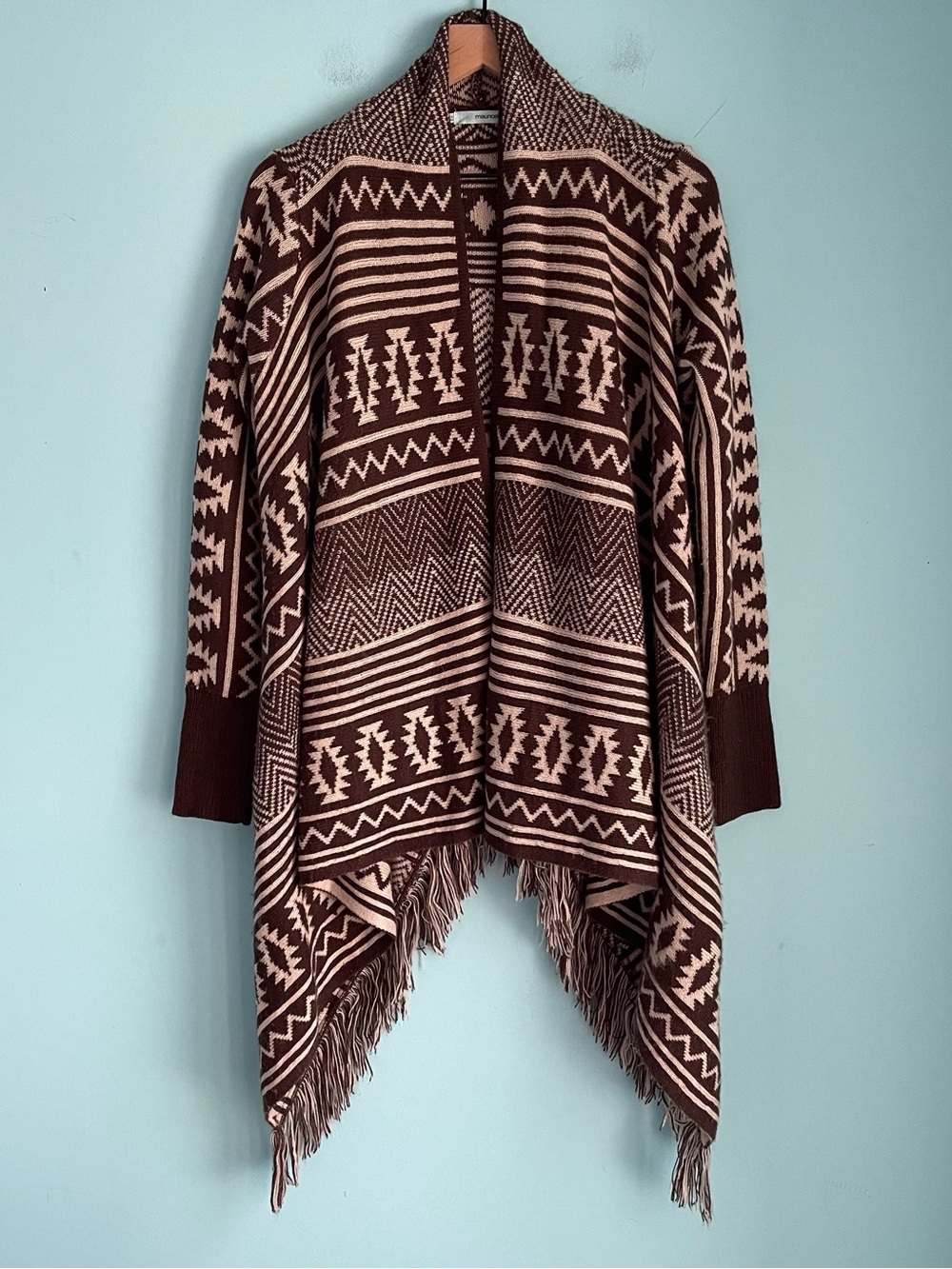 Maurices Brown Aztec Southwestern Tribal Blanket Fringe Waterfall Cardigan M